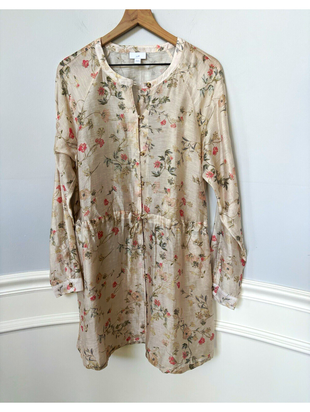 J. Jill Barley Floral Linen Blend Drawstring Tunic Dress Jacket Coat Size L